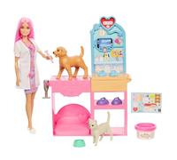Barbie Clínica veterinaria Conjunto con muñeca de pelo rosa, muebles de consulta veterinaria y más de 10 accesorios incluyendo moldes y masa para escayolas, JFX93