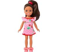 Barbie Club Chelsea Lula, muñeca pequeña de 15,24cm con Pelo castaño, Vestido extraíble con Estampado de Cerezas y Sandalias, JJB35