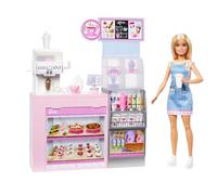 Barbie Coffee Shop Muñeca con conjunto de juego y accesorios | Muñeca barista rubia con más de 12 piezas, cafetera-batidora, tazas, comida y más, a partir de 3 años, HXN94