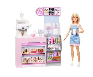 Barbie Coffee Shop Muñeca con conjunto de juego y accesorios | Muñeca barista rubia con más de 12 piezas, cafetera-batidora, tazas, comida y más, a partir de 3 años, HXN94