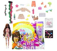 Barbie Color Reveal Set de regalo Serie Neon Tie-Dye Unicornio Muñeca que revela sus colores al pelar su capa teñida, con 25 accesorios sorpresa, mascota y plastilina, juguete +3 años (Mattel HCD27)