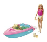 Barbie con Barco, Muñeca con bañador y Barco de Juguete para el Agua, con Mascota y Accesorios acuáticos (Mattel GRG30)