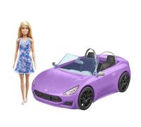 Barbie con descapotable Muñeca rubia con coche de juguete morado para muñecas, regalo para niñas y niños +3 años (Mattel HBY29)