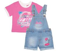 Barbie Conjunto de 2 piezas de camiseta con cuello redondo y pantalón corto de mezclilla para niña, camiseta convertible rosa y pantalones cortos de mezclilla para niños, Rosa y azul, 6