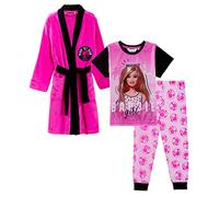 Barbie Conjunto de albornoz y pijama para niñas, conjunto de 3 piezas a juego, albornoz rosa + pijama, rosa, 11-12 Years
