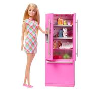 Barbie, Conjunto de Juego de Cocina y muñeca, Nevera y 10 Accesorios, incluida Comida, con Hoja de Pegatinas, JKB52