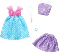 Barbie Conjunto de ropa de moda, 2 trajes para muñeca de moda que incluyen vestido, parte superior y falda con temática de sirena, y 2 accesorios