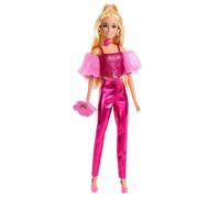 Barbie Deluxe Style Muñeca n. 5 con conjunto rosa metalizado, pelo rubio, top estilo corsé brillante y pantalones también brillantes con accesorios como un collar de rosas y un bolso, JFP40
