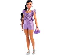 Barbie Deluxe Style Muñeca n.8 con top morado metalizado y pantalones cortos brillantes, pelo negro recogido en una trenza y accesorios como joyas nacaradas y un bolso, JFP43