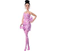 Barbie Deluxe Style Muñeca n.11 con Vestido Denim Rosa con Estampado de Estrellas y Medias a Juego, Pelo Negro recogido en un moño Alto y Accesorios como un Bolso y Joyas, JJN71