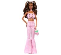 Barbie Deluxe Style Muñeca n.12 con Top Corto de Denim Rosa y Vaqueros Acampanados a Juego con Estampado de Rosas, Pelo castaño Ondulado y Accesorios como un Bolso y Joyas, JJN72