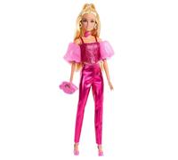 Barbie Deluxe Style Muñeca n. 5 con conjunto rosa metalizado, pelo rubio, top estilo corsé brillante y pantalones también brillantes con accesorios como un collar de rosas y un bolso, JFP40