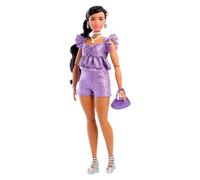 Barbie Deluxe Style Muñeca n.8 con top morado metalizado y pantalones cortos brillantes, pelo negro recogido en una trenza y accesorios como joyas nacaradas y un bolso, JFP43