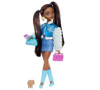 Barbie Dream Besties Brooklyn, Muñeca con coletas, falda vaquera y chaqueta beisbolera, radio, aro de luz, mascota y accesorios de moda, juguete regalo para niños y niñas +3 años, HYC22