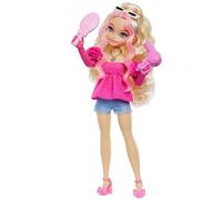Barbie Dream Besties Malibú, Muñeca rubia con pelo ondulado, shorts vaqueros y blusa rosa, secador, espejo, pintalabios y accesorios de moda, juguete regalo para niños y niñas +3 años, HYC21