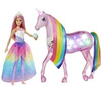 Barbie - Dreamptopia Muñeca con pelo rosa y su unicornio luces mágicas (Mattel GWM78),Embalaje sostenible
