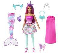 Barbie Dreamtopia Muñeca con 3 Looks, con Ropa y Accesorios de Sirena, Unicornio y Real, Juguete +3 años (Mattel HLC28)