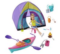 Barbie Equipo Stacie Muñeca con Accesorios de Acampada, Tienda de campaña y Kayak de Juguete (Mattel GJB58)