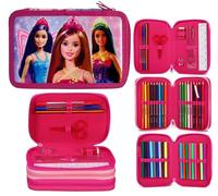 Barbie - Estuche completo de papelería con relleno para niños, 3 niveles, con bolígrafos, lápices y marcadores, princesa rosa, Pink, Estuche con cremallera