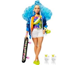 Barbie Extra Boneca articulada com cabelo Azul encaracolado, acessórios de Moda e mascotes (Mattel GRN30)