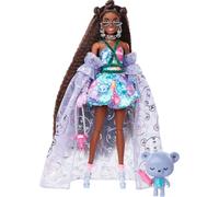 Barbie Extra Fancy Look ositos Muñeca morena con vestido en tonos morados, bata, osito y accesorios de moda, juguete de regalo +3 años (Mattel HHN13)