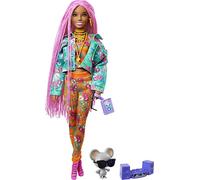Barbie Extra Muñeca articulada con Trenzas Rosas y Ropa de Flores, Accesorios de Moda y Mascota (Mattel GXF09)