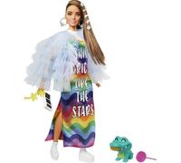 Barbie Extra Muñeca Morena articulada con Vestido Arcoiris, Accesorios de Moda y