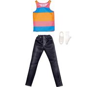 Barbie Fashion Pack Ken HJT24 - Conjunto de ropa para muñecas Ken - Pantalón vaquero negro + camiseta de tirantes a rayas y zapatillas blancas