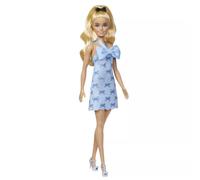 Barbie Fashionistas Muñeca n. 237 con coleta Rubia Ondulada, Vestido Estilo Halter con Lazo Azul, Lazo Negro como Accesorio y Tacones Azules a Juego, HYT93