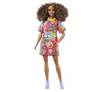Barbie Fashionista con Pelo Rizado Muñeca Morena con Vestido Estampado y Accesorios de Moda, Juguete +3 años (Mattel HJT00)