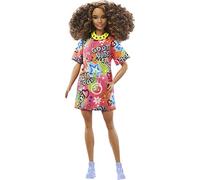 Barbie Fashionista con Vestido Good Vibes Muñeca Morena con Pelo Rizado y Accesorios de Moda, Juguete +3 años (Mattel HPF77)