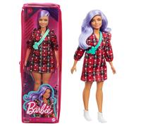 Barbie Fashionista Muñeca con Pelo Violeta, Vestido de Cuadros Rojo y Accesorios de Moda (Mattel GRB49)