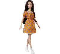 Barbie Fashionista Muñeca Morena con Vestido de Lunares sin Hombros y Accesorios de Moda (Mattel GRB52)