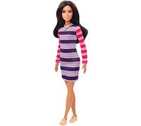 Barbie Fashionista Muñeca Morena con Vestido de Rayas de Manga Larga y Accesorios de Moda de Juguete (Mattel GYB02)