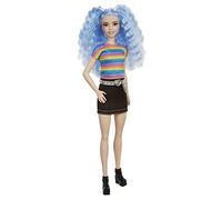 Barbie Fashionista Muñeca Pelo Violeta con Top Arcoiris, Falda Vaquera y Accesorios de Moda de Juguete (Mattel GRB61)