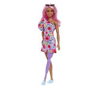Barbie Fashionista Vestido Floral un Hombro con Pierna protésica Muñeca con Pelo Rosa y Gafas, Juguete a la Moda +3 años (Mattel HBV21)