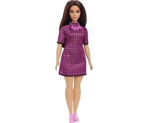 Barbie Fashionista Vestido Rosa a Cuadros Muñeca Curvy con Pelo Moreno y Collar, Juguete a la Moda +3 años (Mattel HBV20)