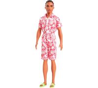 Barbie Fashionistas Ken Muñeco n.235 con Pelo marrón Trenzado, Mono en Tono Coral con Estampado Hawaiano y Sandalias Verdes, HYT99