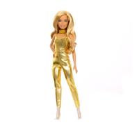 Barbie Fashionistas Muñeca con Cuerpo pequeño, Pelo Rubio Ondulado, Mono Dorado y Accesorios, muñeca de colección 65 Aniversario, Juguete +3 años (HRH19)