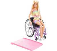 Barbie Fashionistas muñeca con Silla de Ruedas y rampa | Muñeca rubia con silla de ruedas y mono arcoíris, a partir de 3 años, HJT13