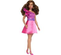 Barbie Fashionistas Muñeca n.º 225, figura curvilínea con pelo castaño, vestido rosa brillante y accesorios, muñeca de moda coleccionable del 65.º aniversario, HRH22