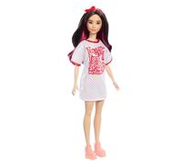Barbie Fashionistas Muñeca n. 214, muñeca de Moda Coleccionable del 65 Aniversario con Pelo Negro Ondulado, Vestido y Accesorios - para niños y niñas + 3 años, HRH12