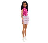 Barbie Fashionistas Muñeca n. 215, muñeca de moda coleccionable del 65 aniversario con pelo negro liso, top rosa con estampado de estrellas y una falda iridiscente - Para niños y niñas + 3 años, HRH13