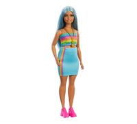 Barbie Fashionistas Muñeca n. 218, muñeca de Moda Coleccionable del 65 Aniversario con Pelo Largo Azul, Top de arcoíris y Falda Turquesa - para niños y niñas + 3 años, HRH16