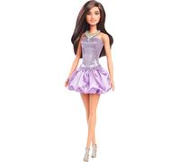 Barbie Fashionistas Muñeca n.233 Muñeca con pelo marrón, vestido burbuja morado con lentejuelas y falda satinada, collar plateado y tacones, HYT92