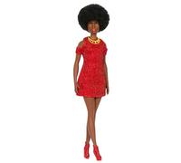 Barbie Fashionistas N.221, Muñeca con pelo negro rizado al natural, vestido rojo y collar dorado inspirado en el estilo de 1980, juguete regalo para niños y niñas +3 años, HRH18