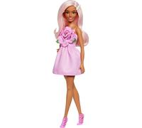 Barbie Fashionistas n. 238 Muñeca con pelo rosa pastel, vestido sin tirantes con corpiño de rosas, pasador de perlas y tacones de tiras rosas, HYT94