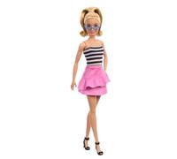 Barbie Fashionistas Top Rayas con Falda Rosa de Volantes Muñeca Rubia con Conjunto de Moda, Juguete +3 años (Mattel HRH11)