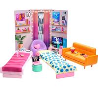 Barbie HDY77 - Juego de Dormitorio con 2 Camas, sofá, puf, Muebles de Dormitorio, decoración y Accesorios, Regalo para niños de 3 a 7 años