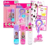 Barbie Juego de bálsamo labial para niñas, paquete con bálsamo labial Barbie Lip Gloss, llavero, calcomanías y más | Kit de bálsamo labial Barbie para niños y niños pequeños